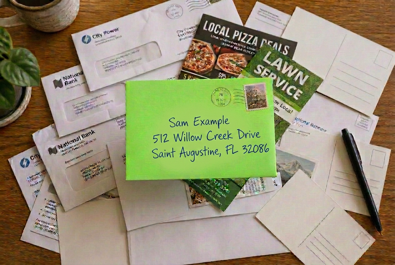 Hand addressed envelopes and postcards spread across a wooden desk